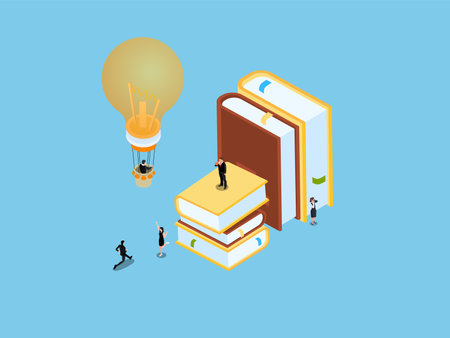 Smart business people with books gains knowledge and flies in hot air balloon 3d isometric vector concept for landing page, banner, illustrationのイラスト素材