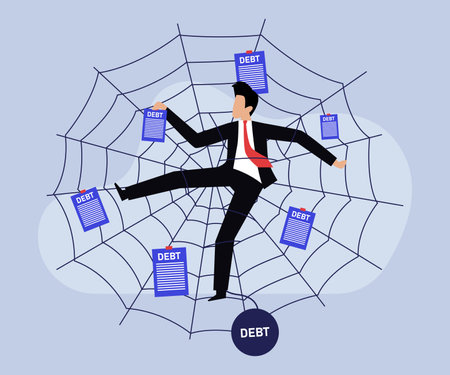Businessman running in spider web. Vector illustration in flat style.のイラスト素材