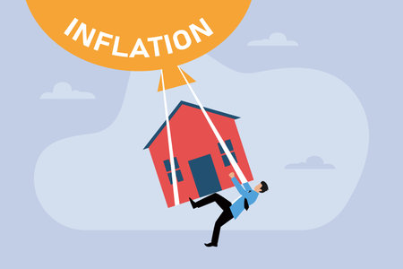 Conceptual hand writing showing Inflation. Business photo showcasing Increase in the price of a particular product or service Businessman Climbing Huge House with Arrow Going Upのイラスト素材