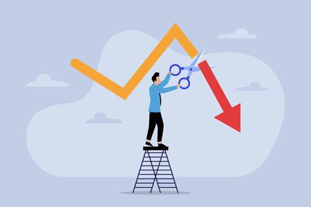 Businessman standing on ladder and looking at growing graph. Vector illustration in flat styleのイラスト素材