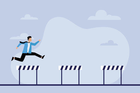Businessman jumping higher over hurdles 2d flat vector illustrationのイラスト素材