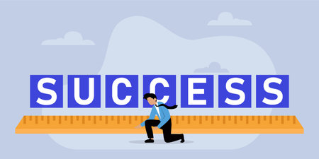 Businessman measuring success word using a ruler 2d flat vector illustrationのイラスト素材