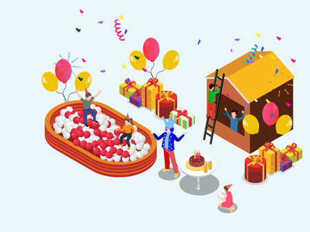 Happy children having fun together  at birthday party isometric 3d vector illustration concept for banner, website, landing page, flyer, greeting card, etcのイラスト素材