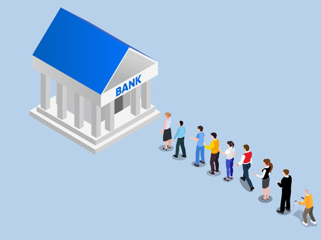 People queue at bank. Crowd waiting in line isometric 3d vector illustration concept for banner, website, landing page, flyer, etcのイラスト素材