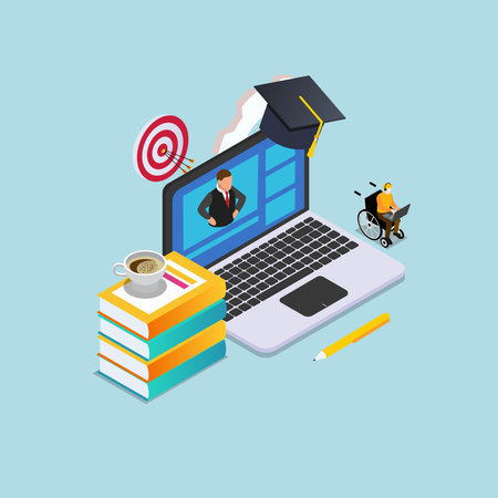 man in the wheelchair watches video lessons. Online education, e-learning isometric 3d vector illustration conceptのイラスト素材