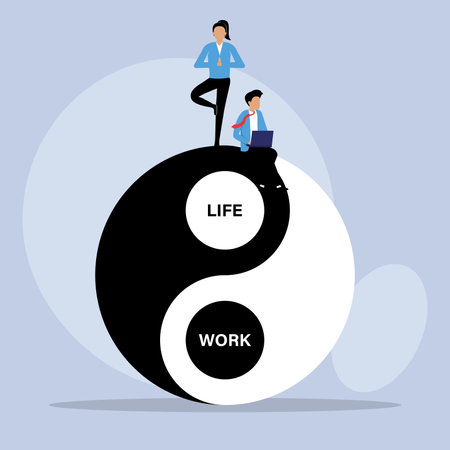 Business people with Work Life Balance Yin Yang 2d flat vector illustrationのイラスト素材