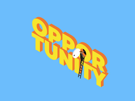 Businessman climbing ladder opening the opportunity door isometric 3d vector conceptのイラスト素材