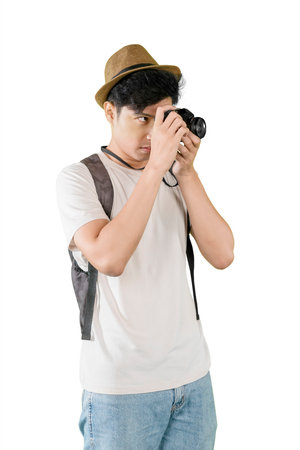 Young Male Traveler Taking Photos with Camera Isolated on White Background