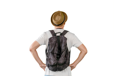 Young Traveler with Backpack Looking Ahead â Adventure and Exploration Conceptの写真素材