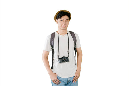 Confident Young Traveler with Camera and Backpack Ready for Adventureの写真素材