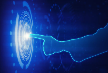 Futuristic Touchscreen Interface â€“ Glowing Hand Interacting with Digital Technology