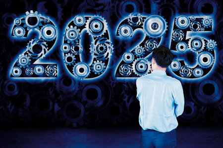 2025 Vision: Futuristic Gear Mechanism with a Man in Thoughtful Pose
