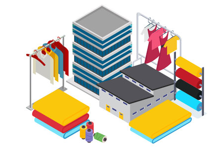 Textile and Garment Industry - Isometric Factory and Fabric Production 3d flat vector illustrationsのイラスト素材