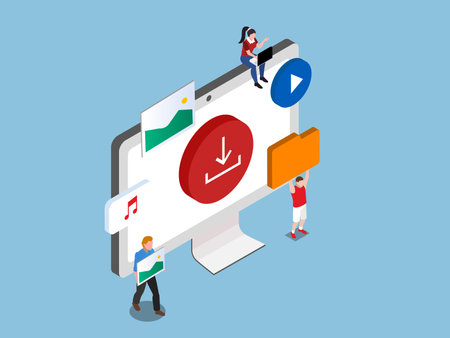 Digital Download Concept with Multimedia 3d isometric vector illustration