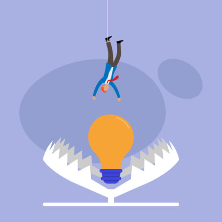 Businessman reaches for an idea or light bulb in trap 2d flat vector illustrationのイラスト素材