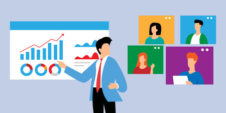 Teamwork of business analysts online meeting flat vector illustrationのイラスト素材