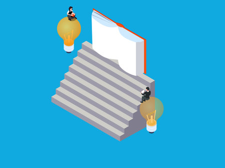 Flat 3d isometric vector concept illustration of a businesswoman walking up the stairs to a light bulb.のイラスト素材