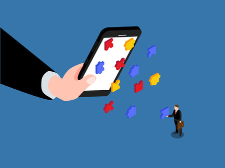 Isometric flat vector illustration of a business man with a mobile phone in his hand.のイラスト素材
