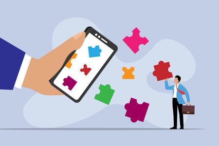 Businessman holding a smartphone with puzzle pieces. Vector illustration in flat styleのイラスト素材