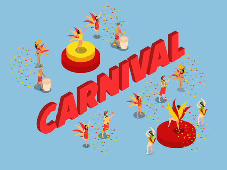 Carnival Celebration with Dancers and Drummers 3d flat vector illustrationsのイラスト素材