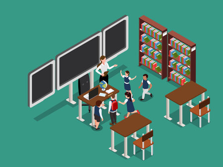 Modern Classroom with Teacher and Students 3d flat vector illustrationsのイラスト素材