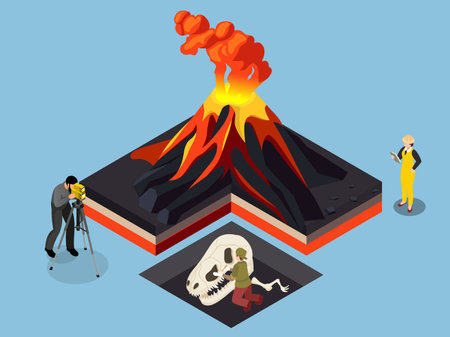 Volcanic Eruption with Scientists and Archaeologists 3d flat vector illustrationsのイラスト素材