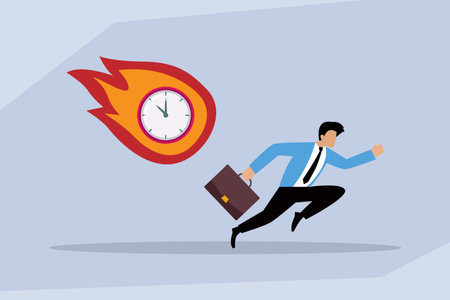 Urgent Deadline and Time Pressure, Businessman Running from Flaming Clock 2d flat vector...