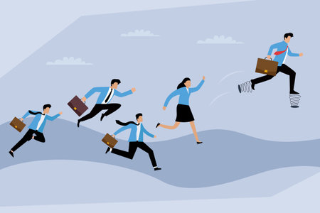 Business Competition and Advantage, Man Jumping Ahead of Competitors with Spring Acceleration 2d flat vector illustrationのイラスト素材