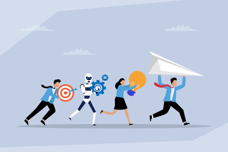 Collaborative Business Team with AI, Running Together to Achieve Goals, Innovation, and Strategic Vision 2d flat vector illustrationのイラスト素材