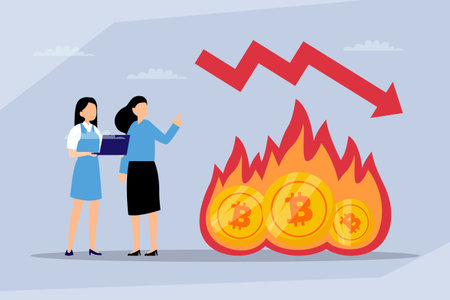 Cryptocurrency Market Crash and Financial Loss, Bitcoin Coins Burning with Downward Arrow 2d flat vector illustrationのイラスト素材
