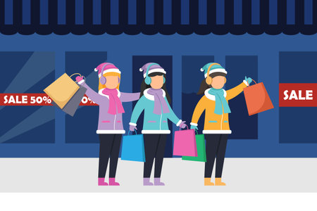 Winter Holiday Shopping and Retail Sale, Three Women Carrying Bags Outside Store 2d flat vector illustrationのイラスト素材