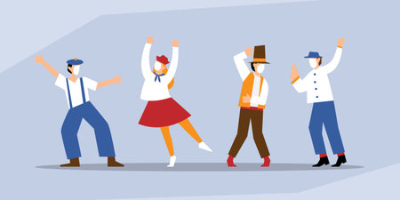 Social Distancing Party and Celebration, Diverse Group Dancing in Retro Style While Wearing Face Masks 2d flat vector illustrationのイラスト素材
