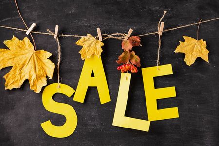 Autumn discount letters from yellow paper and dry leaves on a black chalk board. Autumn sale concept. Seasonal Offerの写真素材