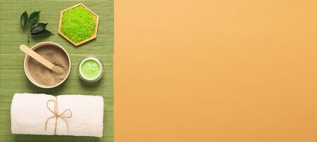 Various natural remedies and accessories, salt cream fresh aloe leaves for body skin care home. Spa...