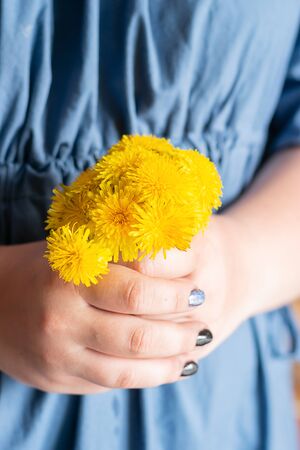 Little cute bouquet of fresh rustic flowers in female hands. A woman in a blue dress holds fresh flowers. Close-upの写真素材