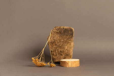 Abstract podium made of natural natural materials wood stone brown backgroundの写真素材