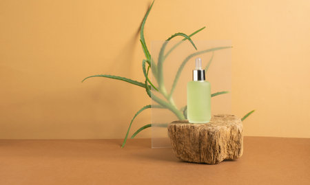 Cosmetics serum oil bottle modern podium of natural colors tropical plant leafの写真素材