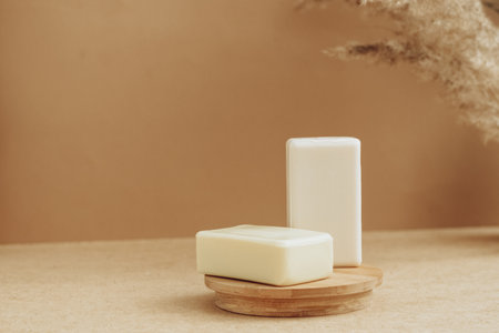 Bars of soap made from natural raw materials beige background. Organic cosmetics Spa health concept natural cosmeticsの写真素材