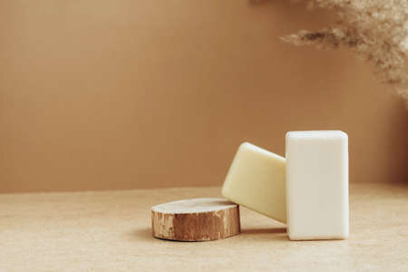 Bars of soap made from natural raw materials beige background. Organic cosmetics Spa health concept natural cosmeticsの写真素材