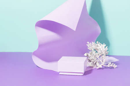 Modern abstract podium, mint purple background. Template for advertising cosmetic products. Copy space mockupの写真素材