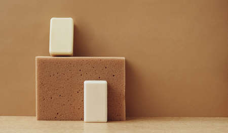 Bars of soap made from natural raw materials beige background. Organic cosmetics Spa health concept natural cosmeticsの写真素材