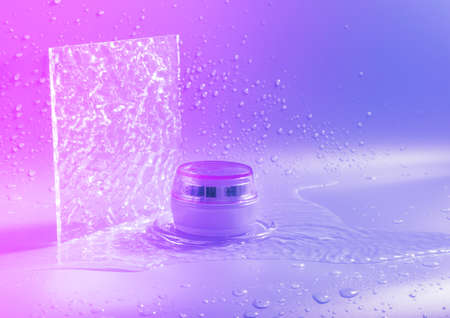Cosmetic cream in a jar, splashes and drops of water on purple gradient background. Face, body, hair...