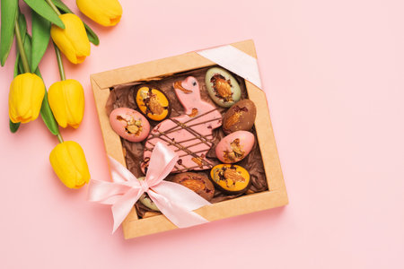 Easter composition spring flowers yellow tulips chocolate egg box easter bunny pink background.の写真素材