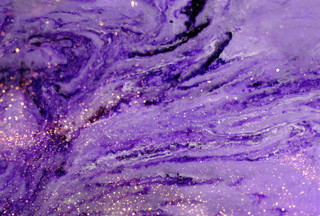 Colored canvas with marble texture, golden smudges, sparkles purple background. Abstract backgroundの写真素材