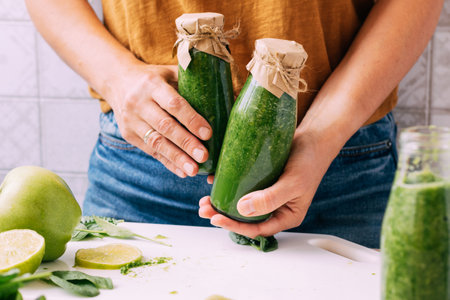 Womens hands hold bottles of freshly prepared smoothies from green vegetables fruits. Vegetarianismの写真素材