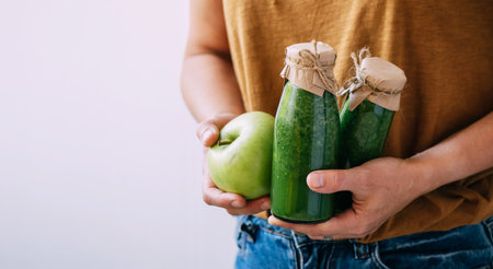 Female hands hold bottles of freshly made green smoothie, copy space. Delivery of fresh drinksの写真素材