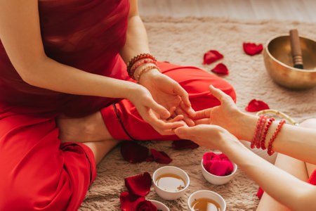 A female reiki master works with patient. Womens circle, concept of mental health, harmony of bodyの写真素材
