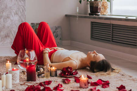 Woman are engaged in oriental practices breathing exercises Mental health woman Alternative medicineの写真素材