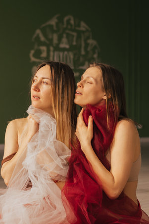Two adult Women with blond long hair and a red transparent cloth in their hands touch each otherの写真素材