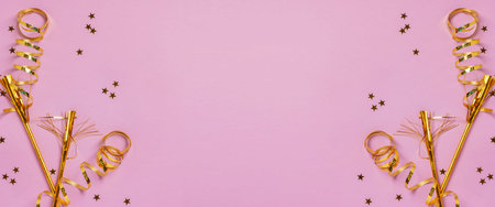 Festive background with golden serpentine, confetti and sparkles. Festive layout frameの写真素材